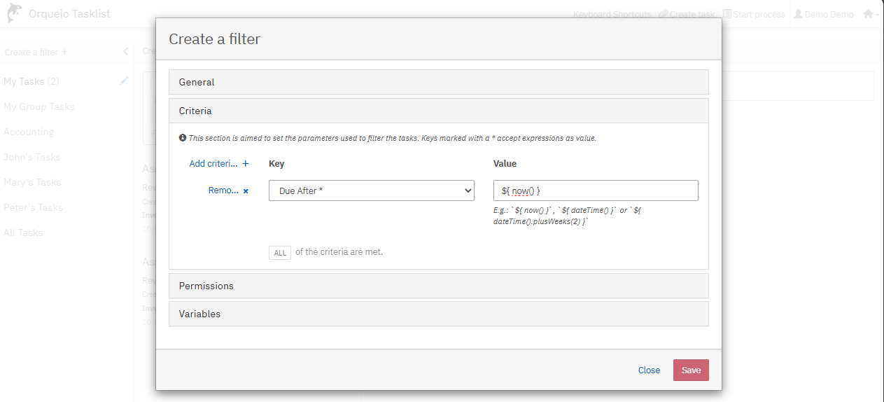 tasklist common filters