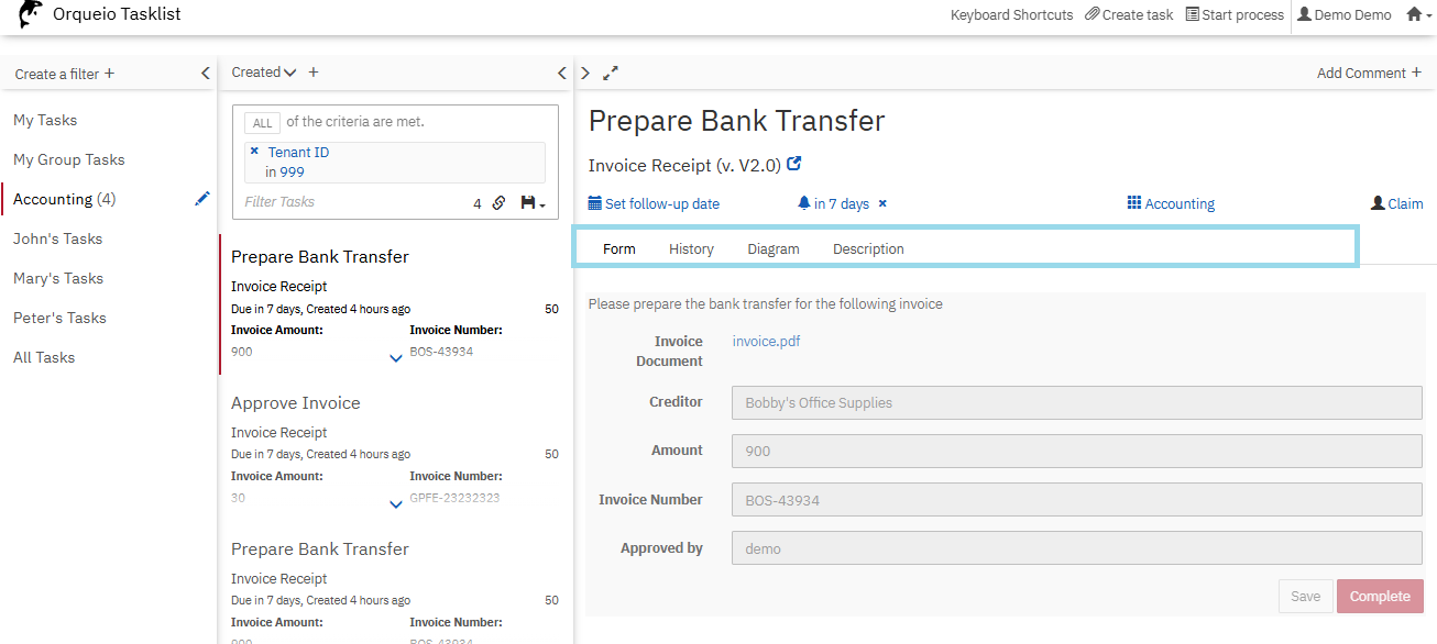 tasklist task detail tabs